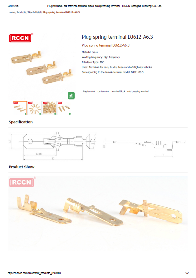 Plug spring terminal DJ612-A6.3 specifications