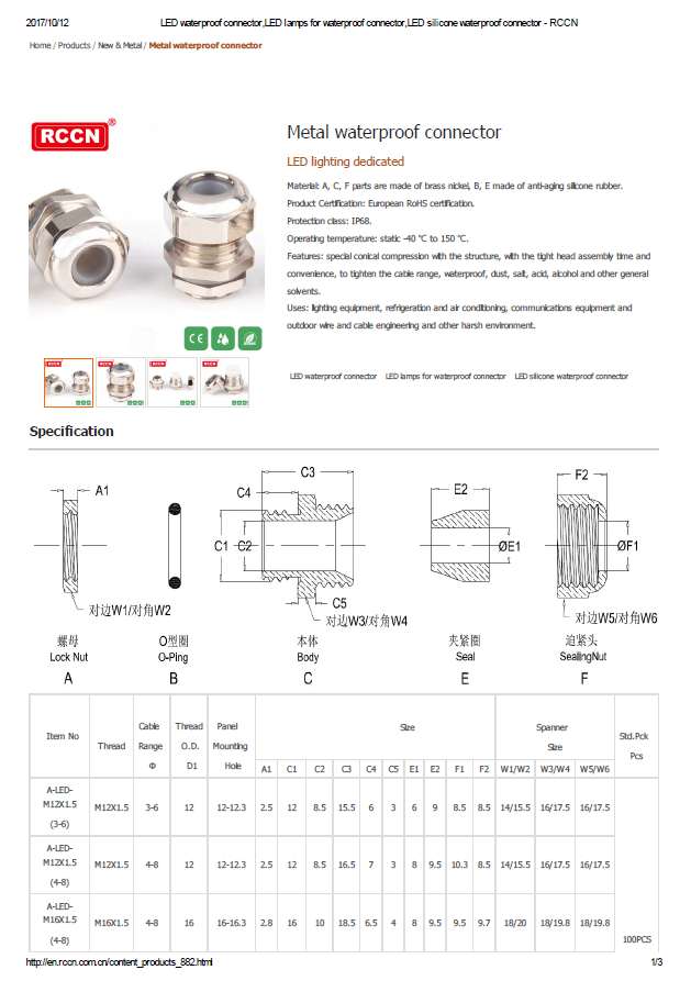 Metal waterproof connector  specification