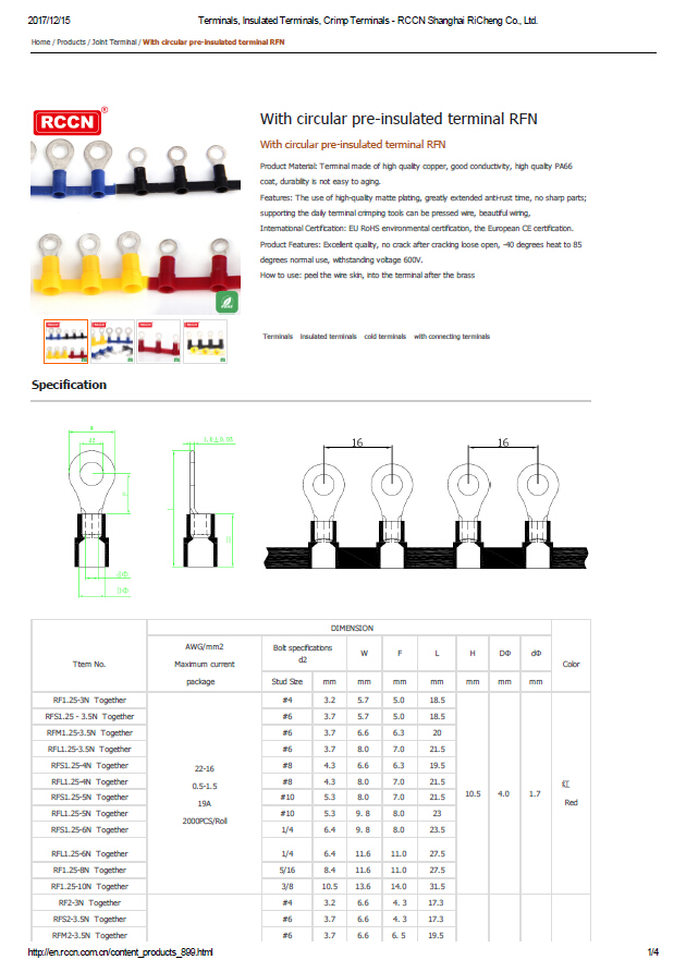 With circular pre-insulated terminal RFN  Specifications
