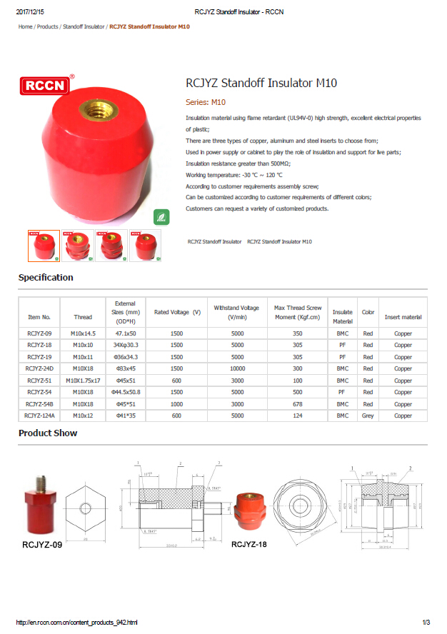 RCJYZ Standoff Insulator M10 Specifications