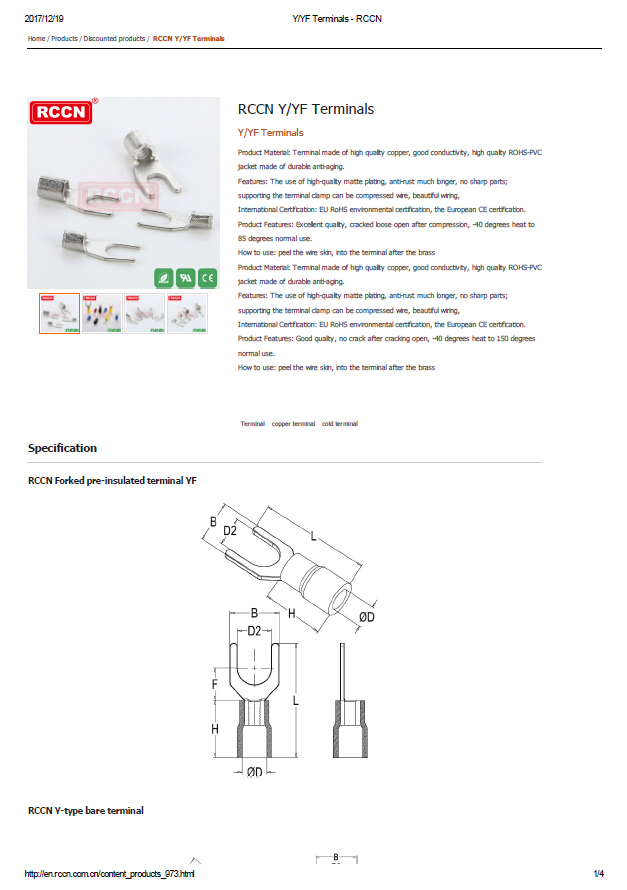 RCCN Y YF Terminals  Specifications